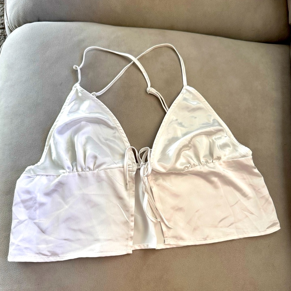 White satin tie front camisole